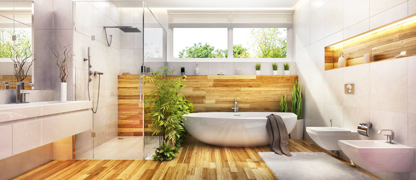 bagno con arredi moderni, vasca da bagno, box doccia e arredi a parete, bella decorazione con piante.