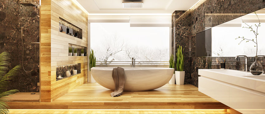 bagno moderno con piastrelle effetto legno e vasca da bagno design bianca.