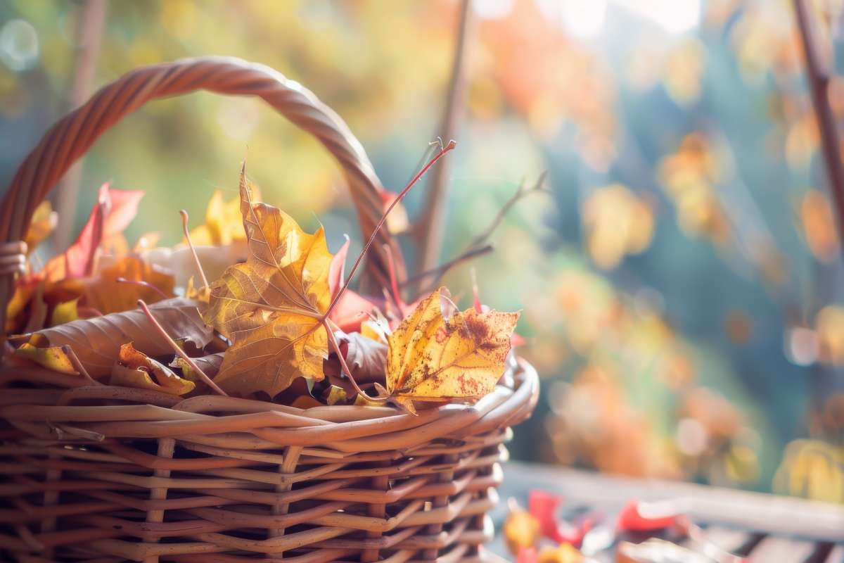 Riciclo cesto di vimini per decorare il terrazzo in autunno