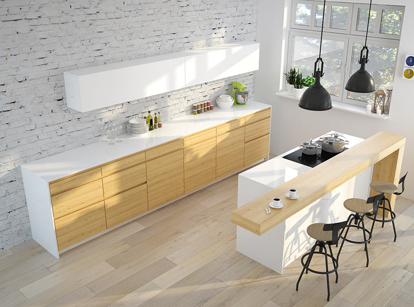 Cucina bianca e rovere isola bianca con top design in legno