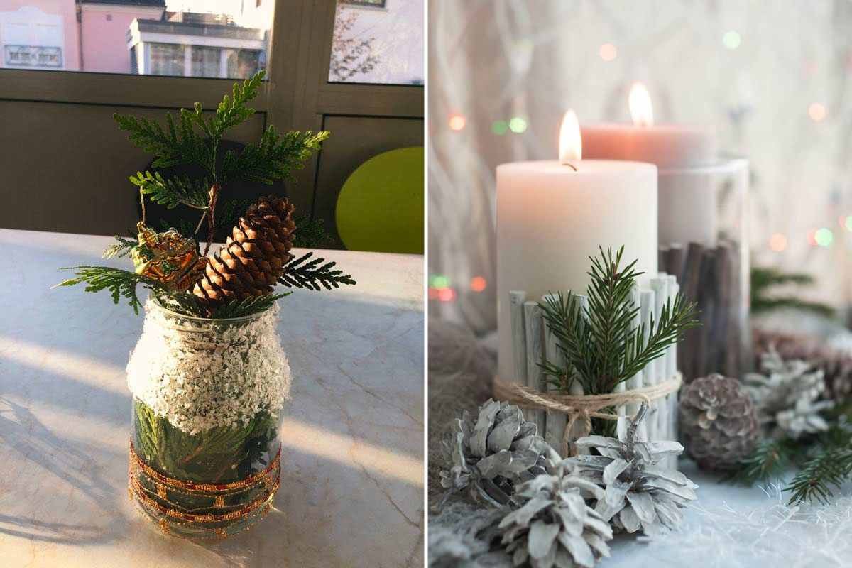 come decorare barattoli e candele con le pigne